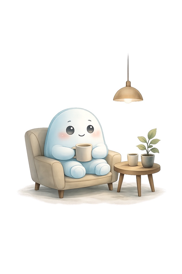 A soft, round HOLD character sitting in an armchair with a warm drink beside a small plant