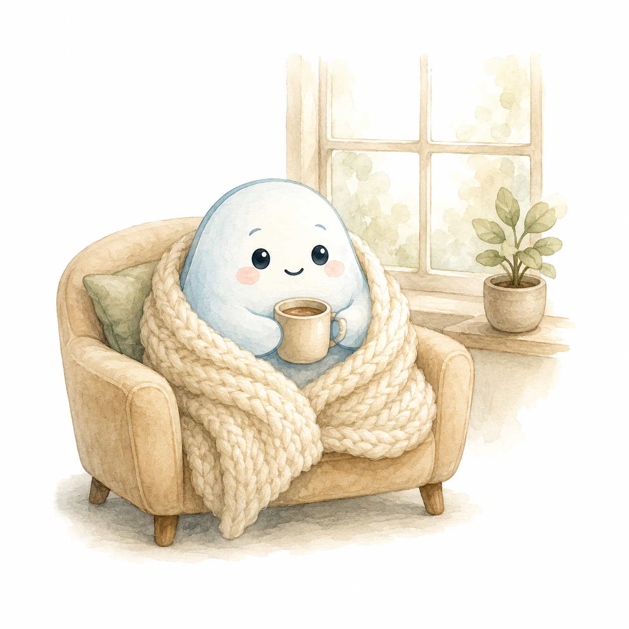 The HOLD character wrapped in a cosy blanket by a window, holding a warm mug